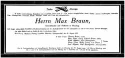 Todesanzeige Max Braun, *16.10.1860 †16.08.1919