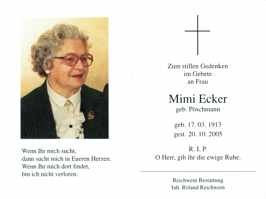 Sterbebildchen Mimi Ecker, *1913 †2005