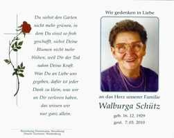 Sterbebildchen Walburga Schtz, *1929 †2010