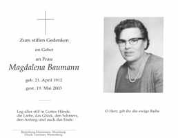 Sterbebildchen Magdalena Baumann, *1949 †2003