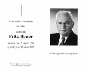 Sterbebildchen Fritz Beuer, *1916 †2003