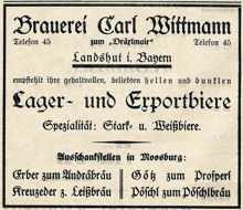 1928, Anzeige Ausschankstellen Wittmann Biere in Moosburg