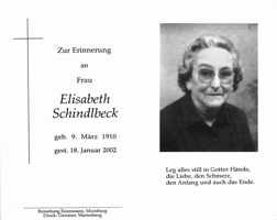 Sterbebildchen Elisabeth Schindlbeck, *1910 †2002